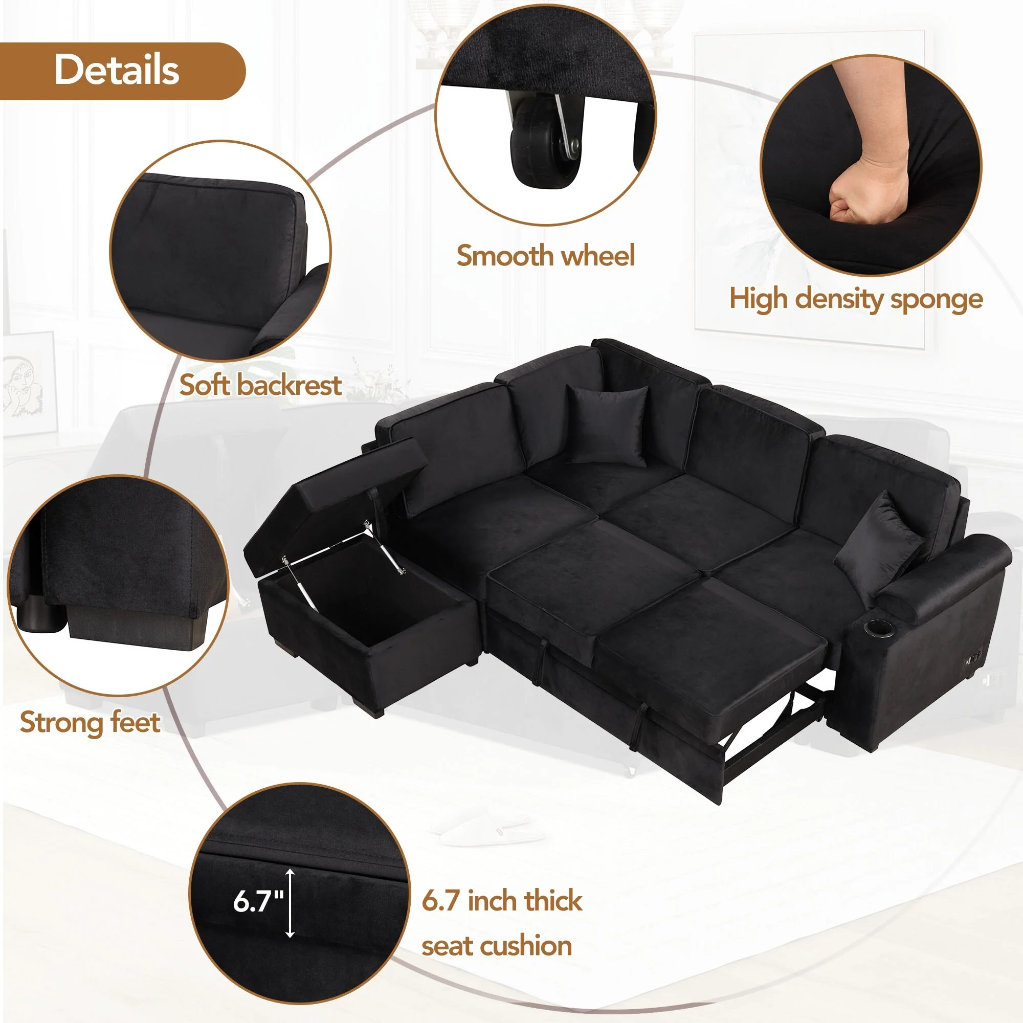 84.75 Velvet Convertible L-Shaped Sleeper Sofa with Storage Ottoman
