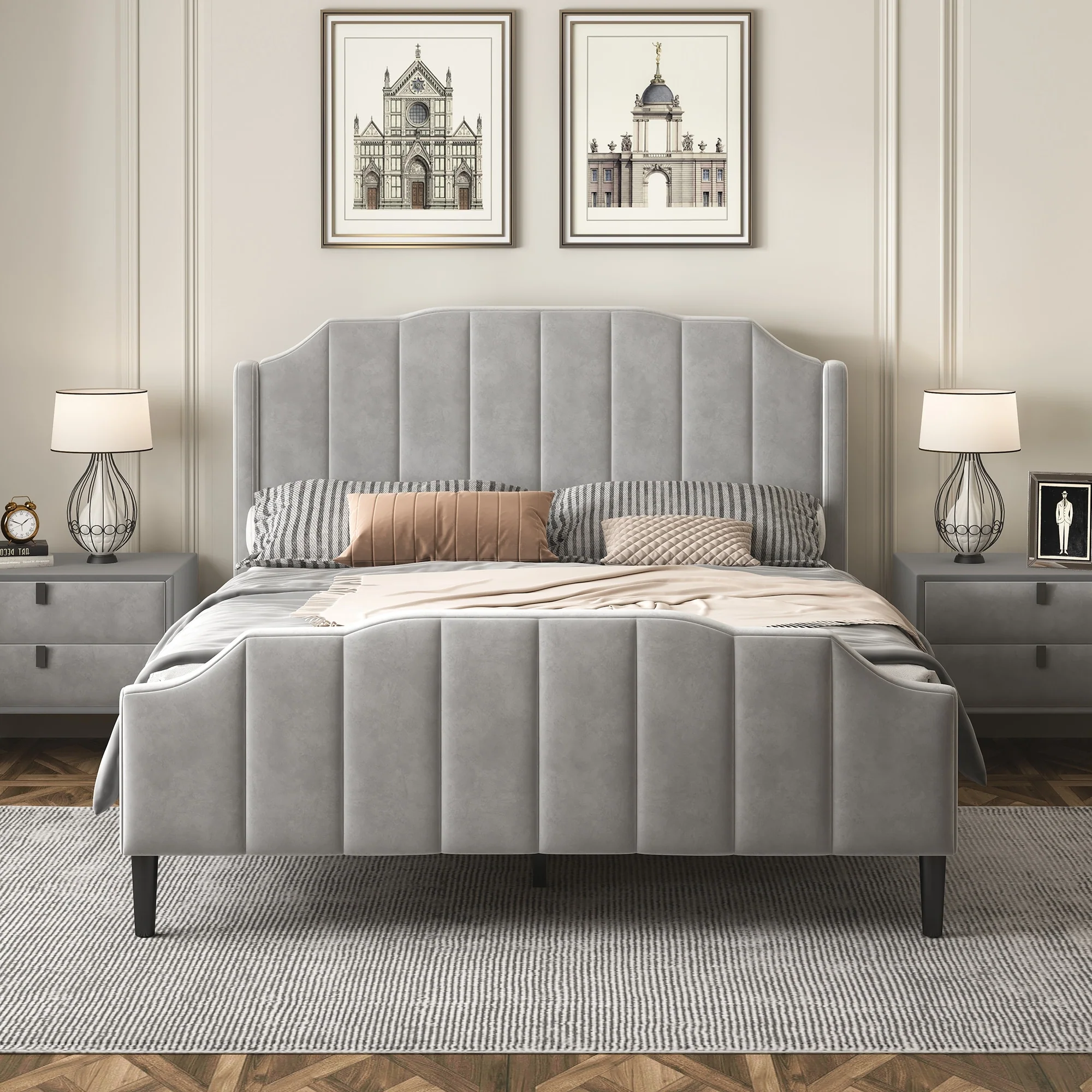 Queen Size Grey Tufted Velvet Upholstered Platform Bed