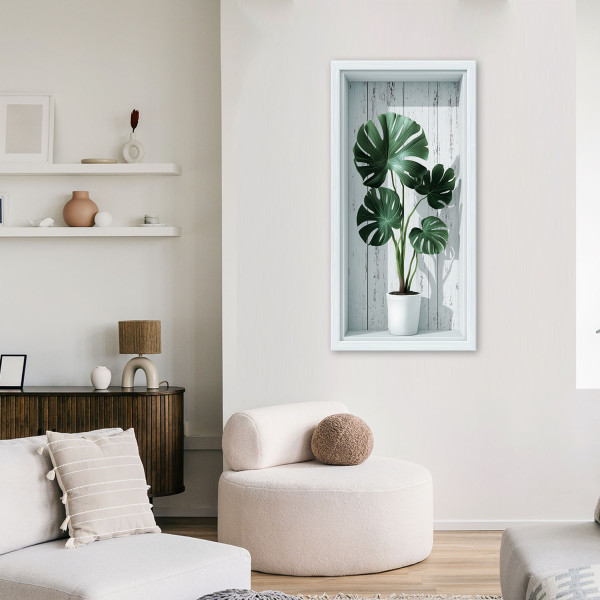 Obraz na ścianę do salonu kuchni, Liście monstera we wnęce 3d 40x80
