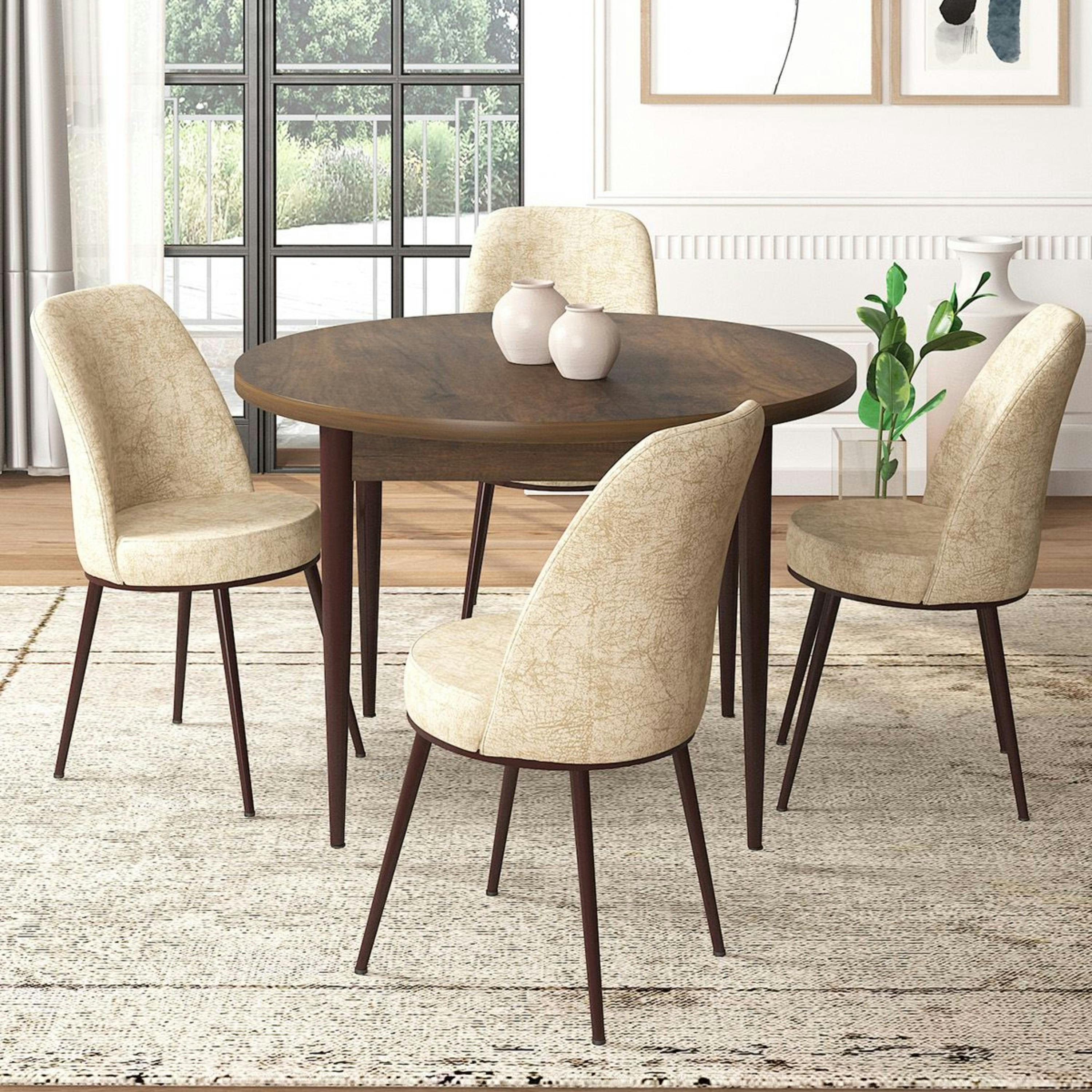 Ensemble table ronde Ø90 cm   4 chaises beiges à motifs AROLA