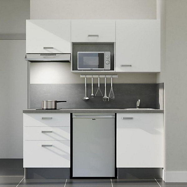 Kitchenette K20 façades Blanc - Plan de travail Gris béton - Crédences : Oui - Evier inox - Electroménager Inox inclus