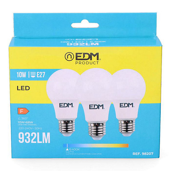 Kit 3 ampoules LED E27 10W 932lm 6400K - Lumière froide - EDM - Réf 98207