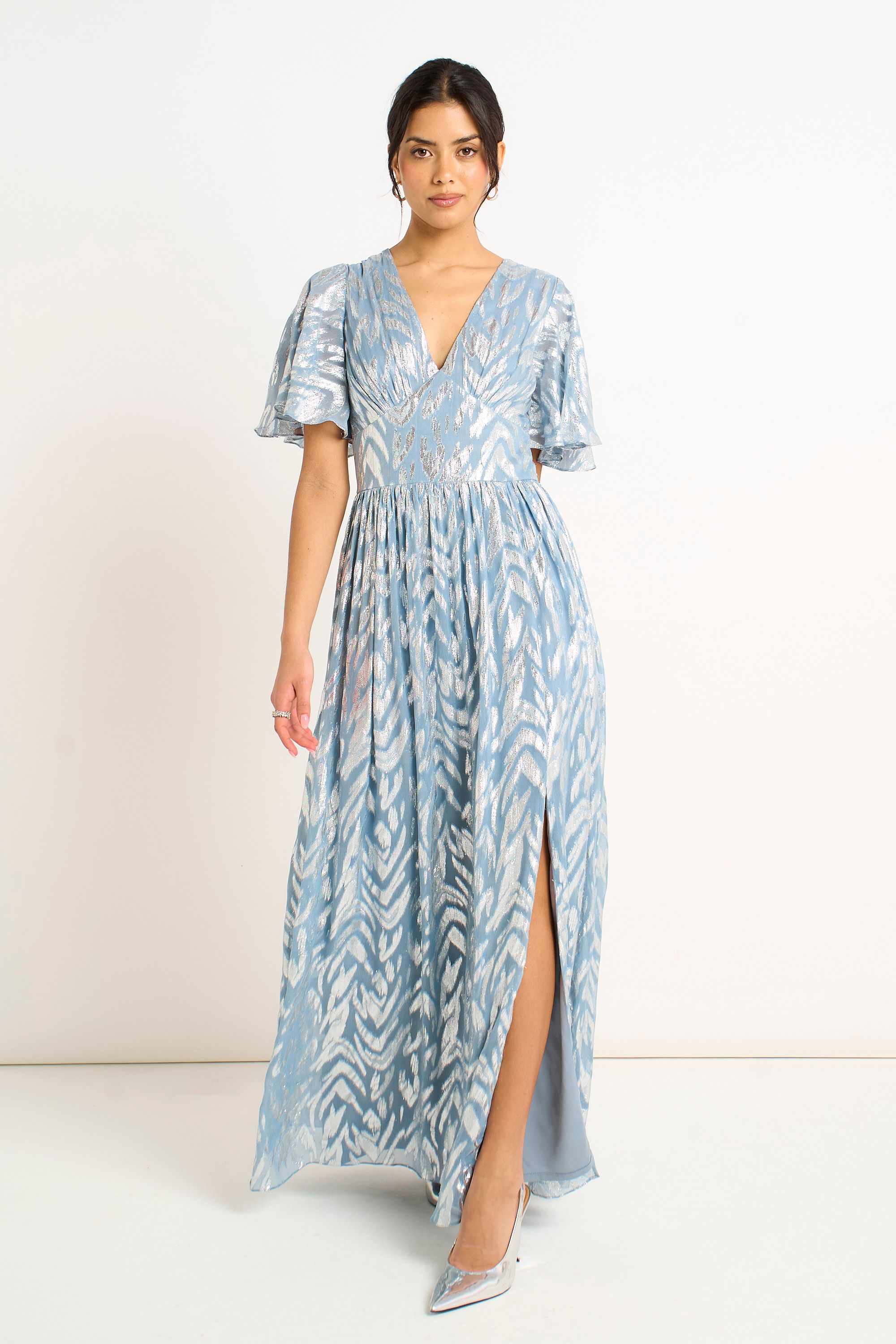 Gini London Blue Foil Metallic Print Short Sleeves Maxi Dress