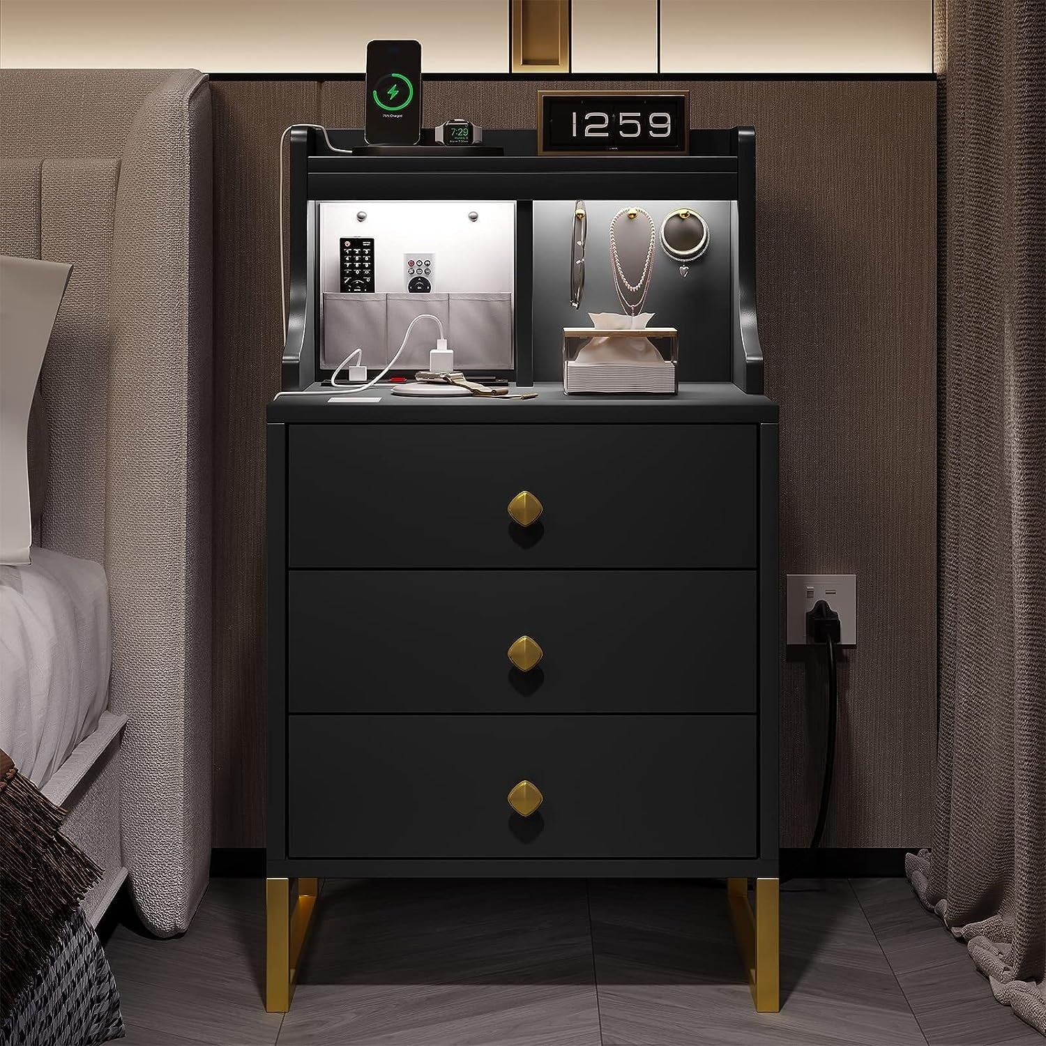 LED 3 Drawers Nightstand Charging Station with Hutch