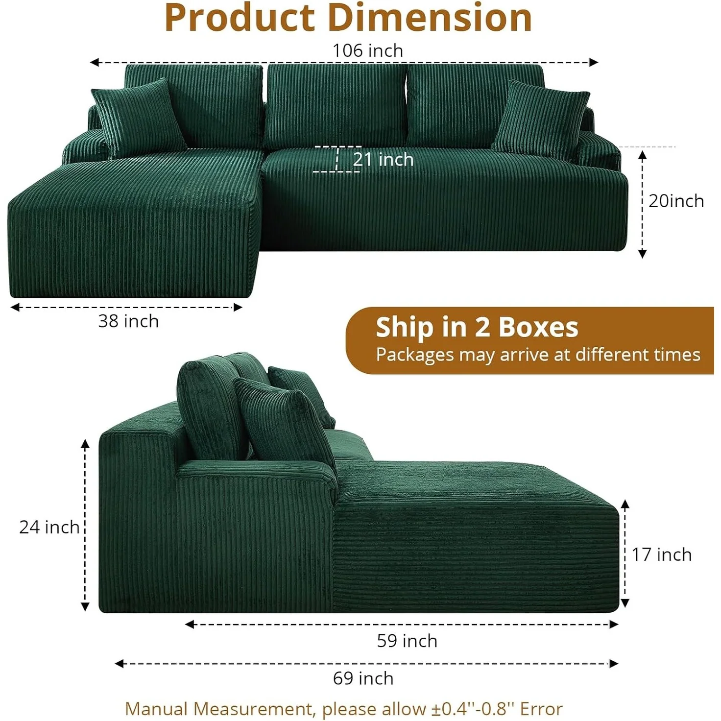 106 Cloud Sectional Couch Modern Modular L Shape Sofa with Chaise Deep Seat