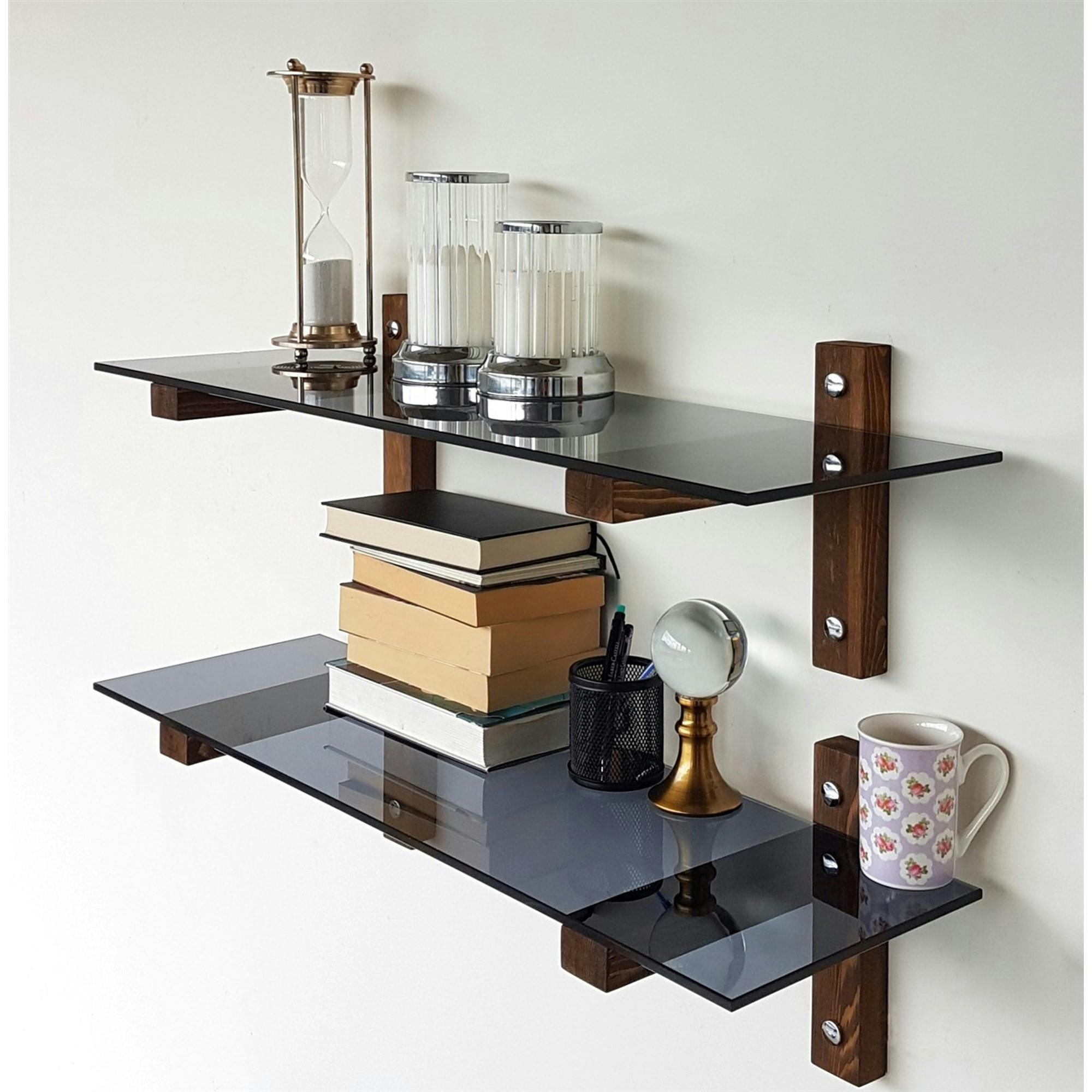 Étagère murale en verre fumé - supports bois foncé (lot de 2) LHASA