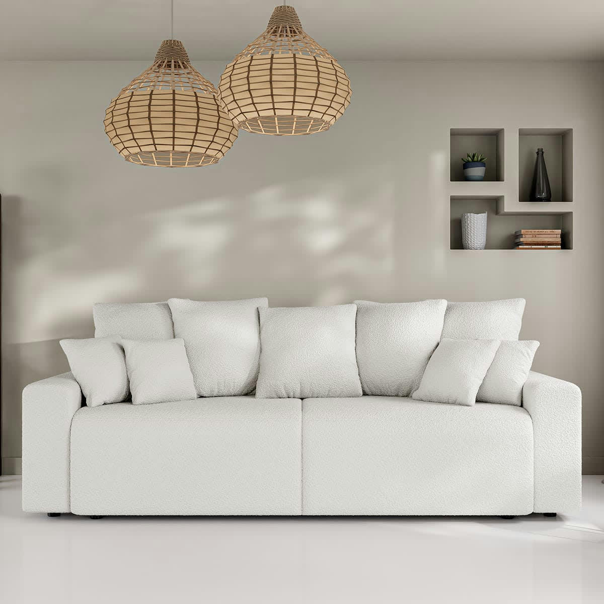 LUCIA - Canapé convertible 3 places en tissu bouclette écru