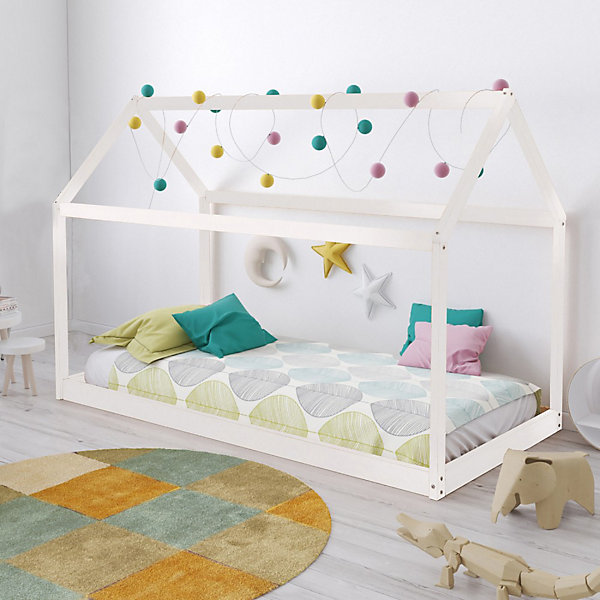 Lit cabane enfant 70x140cm bois massif PANDOU Blanc inclus sommier