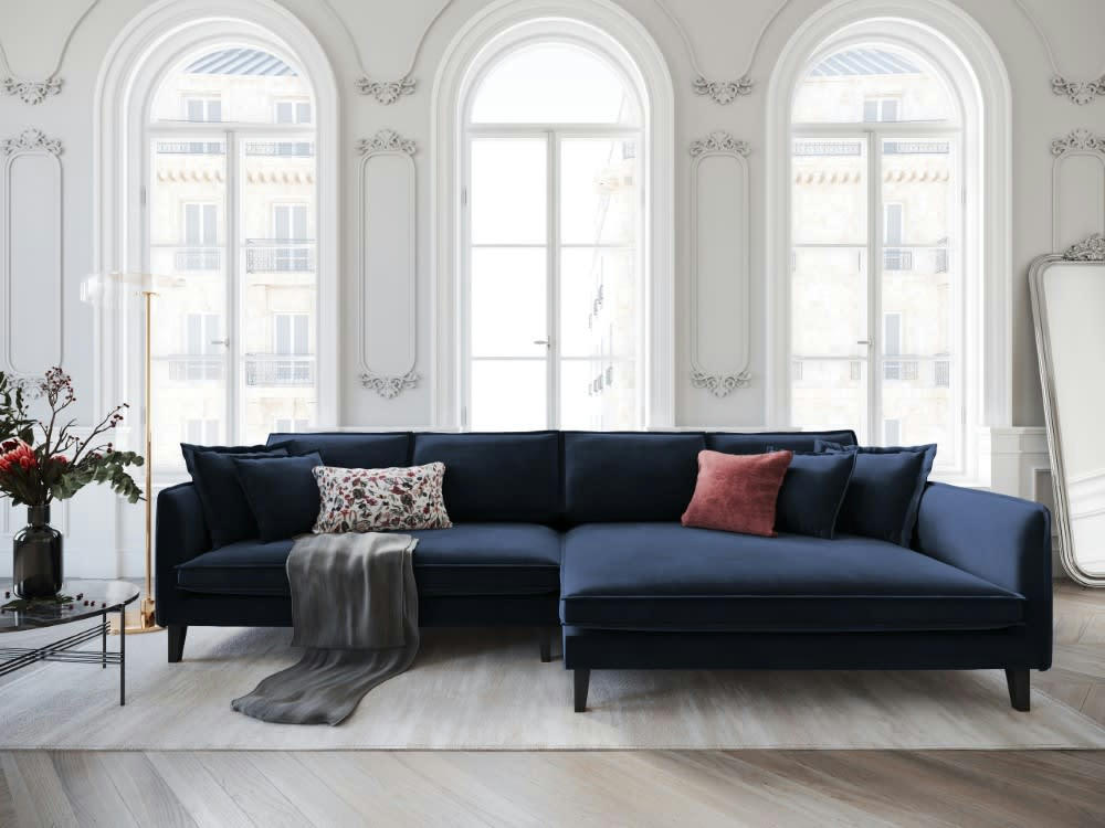 PROVENCE - Canapé d'angle 4 places en velours bleu foncé