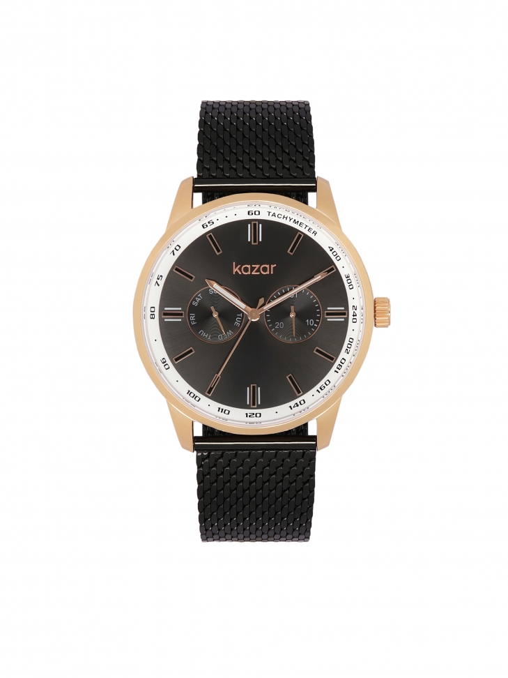 Men's watch with gold-coloured case and gun metal mesh bracelet
