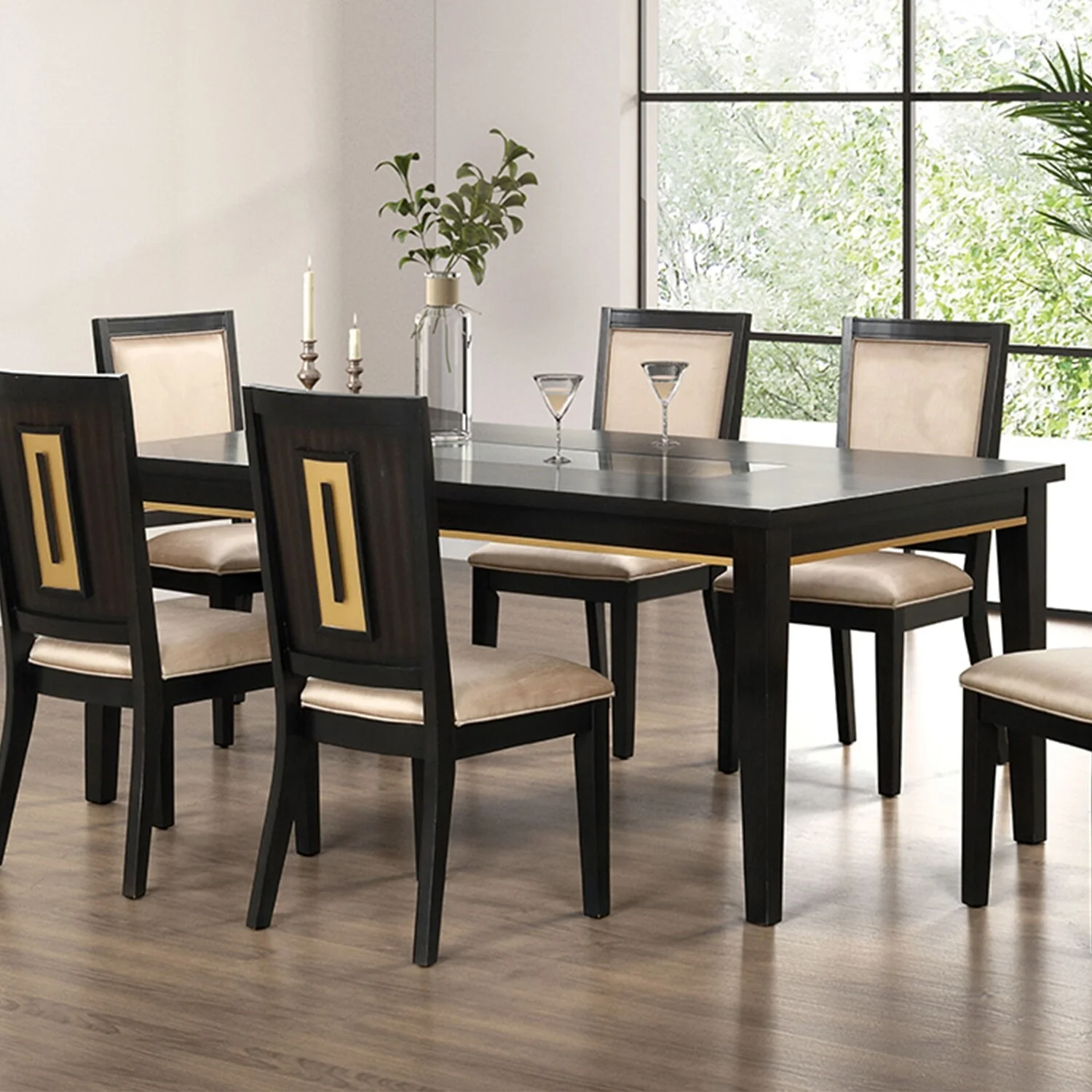 Rectangular Wooden Dining Table with Glass Top in Espresso