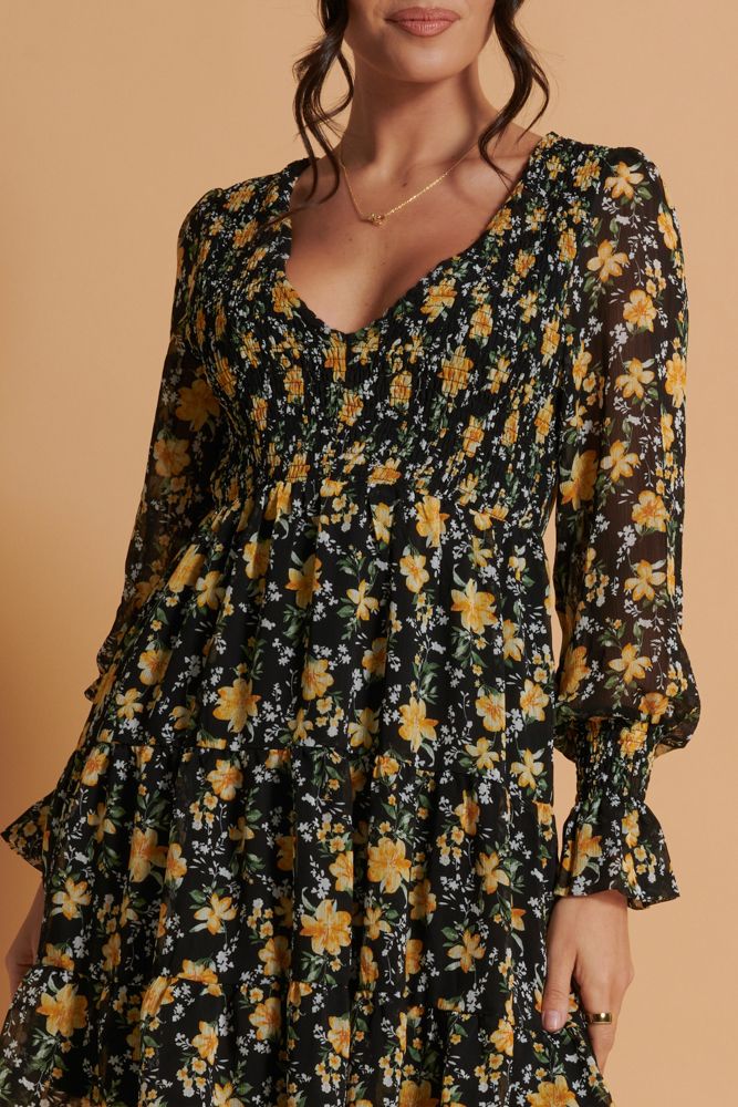 Jolie Moi V Neck Shirred Detail Chiffon Dress