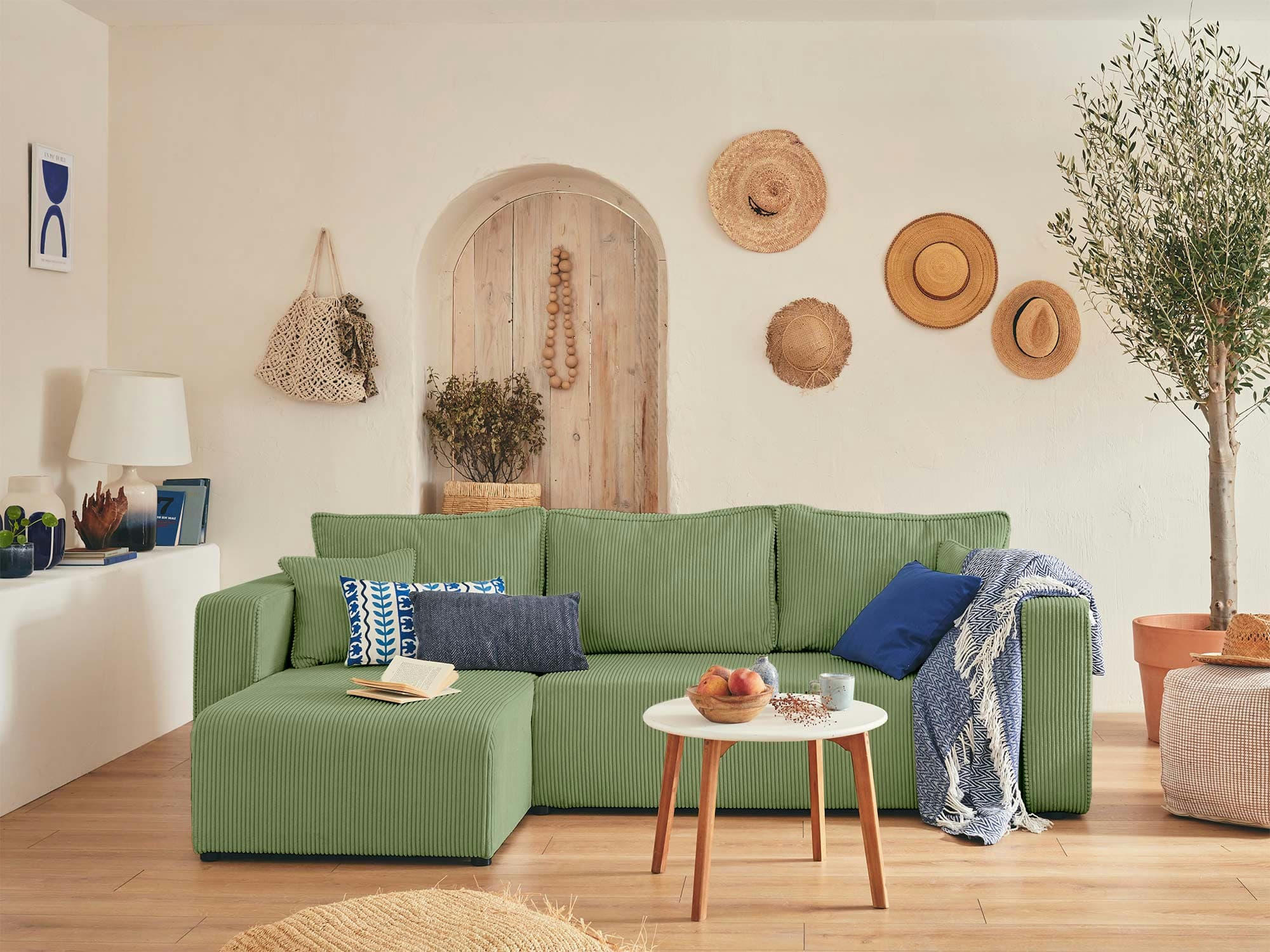 TOPAZE - Canapé d'angle réversible convertible 4 places en velours côtelé vert