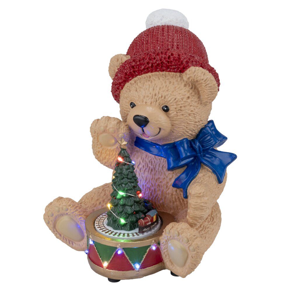Ours de No&euml;l animé LED scène tambour résine 20x21xH28cm