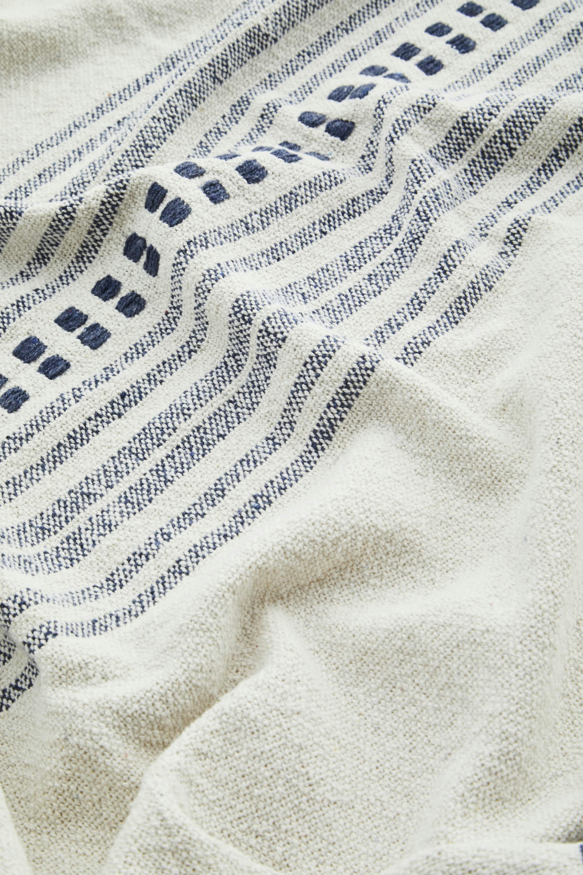 ALCA - Plaid à franges en tissu bleu et blanc 125x175