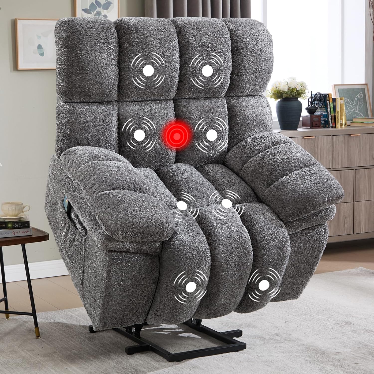 CANMOV Overstuffed Power Lift Recliner with Vibration Massage and Lumbar Heating, Large Lift Chair for Elderly, Electric Recliner Chair with Type-C & USB Port, Side Pockets, for Living Room, Grey