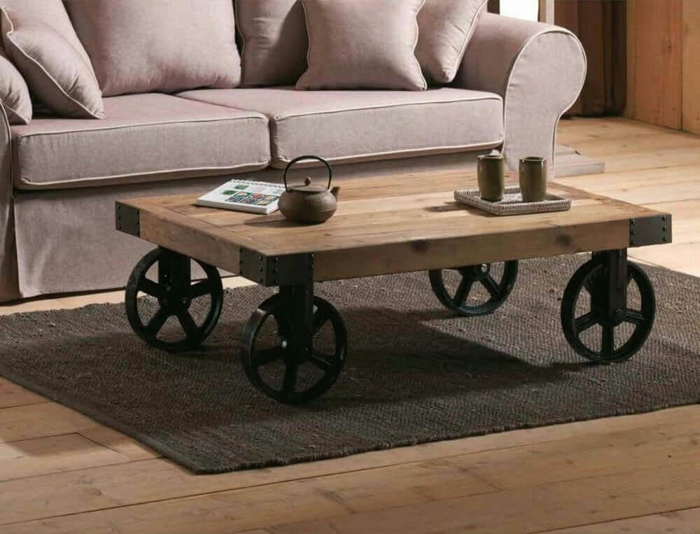 ROULETTES - Table basse sur roues bois et acier
