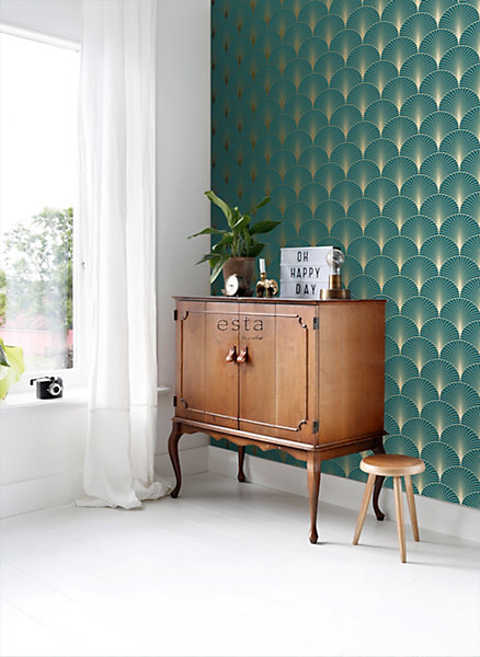 ESTAhome papier peint art déco bleu canard et or 53 cm x 10.05 m