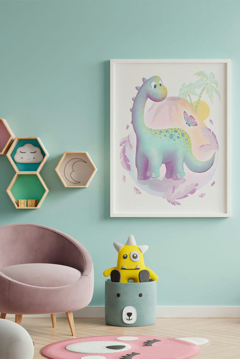 DECOWALL - Impression de dinosaure fantasy encadrée en bois blanc 43X33 cm