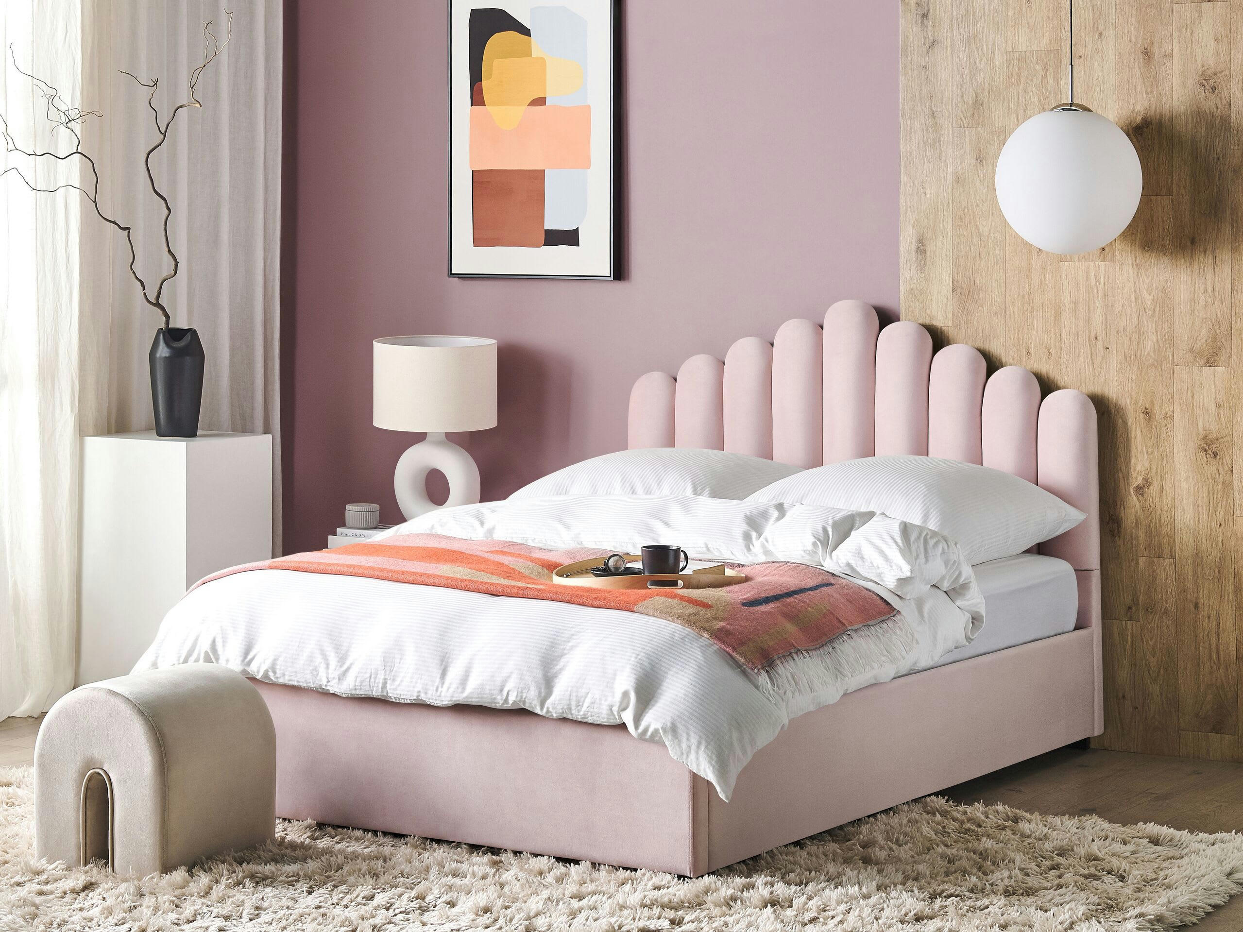 VINCENNES - Lit double en tissu rose 160x200