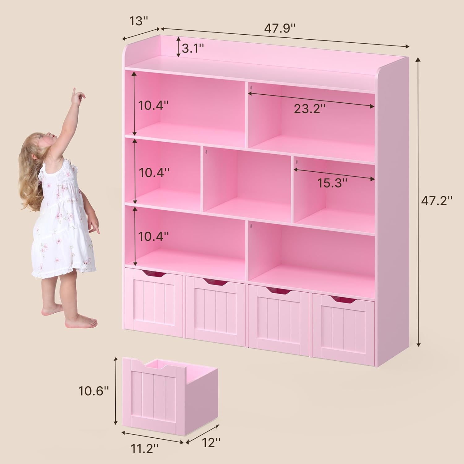 Gizoon Toy Storage Cabinet and Kids Bookcase with 4 Movable Drawers and 8 Open Shelves Toy Chest Shelf Organizer with Hidden Wheels for Playroom Nursery Kids Room, Pink
