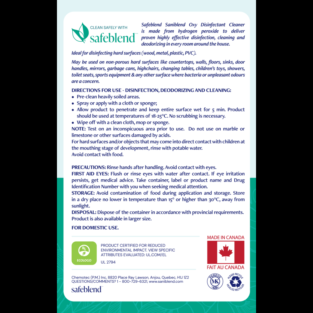 Safeblend Saniblend OXY Ready-To-Use Disinfectant Cleaner, Fragrance Free, 950-mL