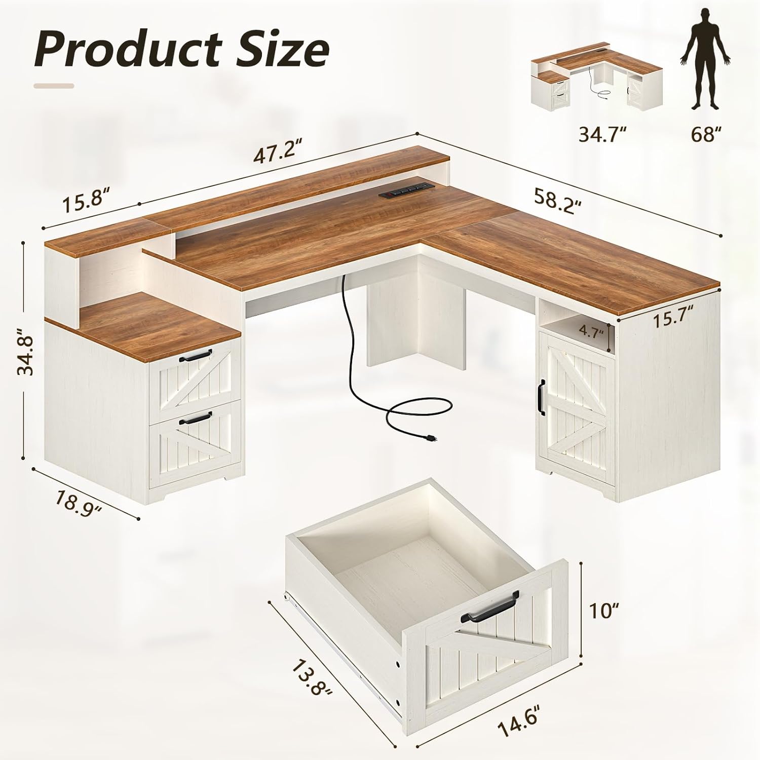 63 Farmhouse L Shaped Executive Desk with Drawers & Storage Shelf, Corner Computer Desk with Power Outlets, L Shaped Office Desk with Monitor Stand, Printer Shelf, Antique White