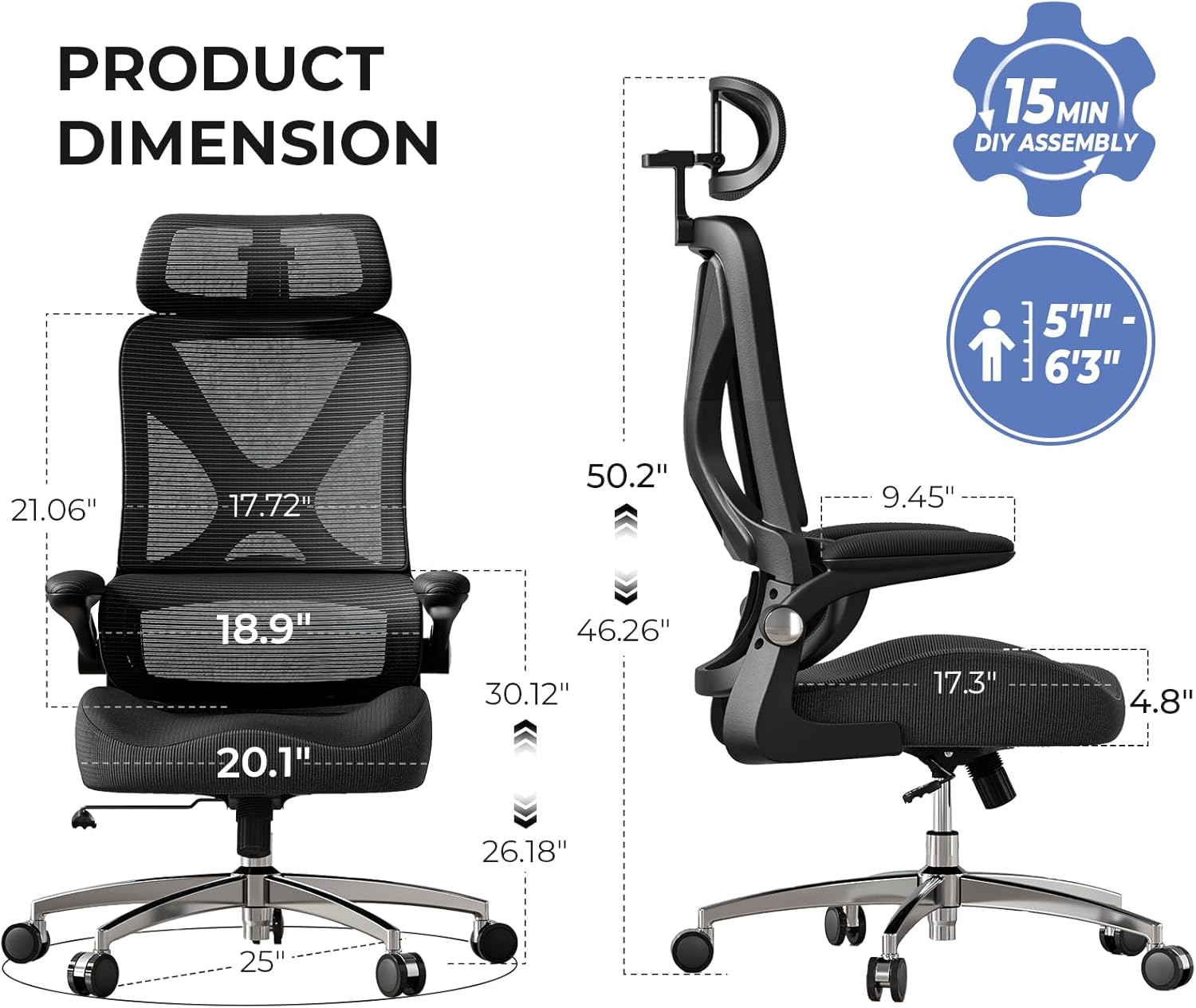 Ergonomic Office Chair with Headrest, Lumbar Support, Flip-Up Armrests, Thick Memory Foam Seat - 350lbs Capacity, Adjustable Height for Big & Tall, Perfect for Home Office Studios