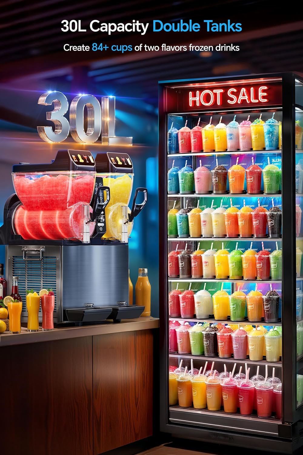 30L Commercial Slushie Machine, 2-Tank Frozen Drink Maker for Margarita Daiquiri Wine Frappe, 8 Gal LED Stand-up Slush Dispenser, Bar Restaurant Party, 1000W Fast Cool, Auto Clean, ETL Listed