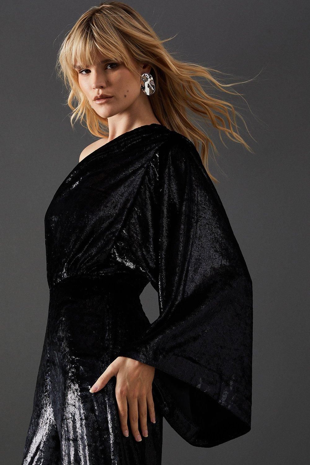 Warehouse Metallic Texture One Shoulder Flared Sleeve Jumpsuit