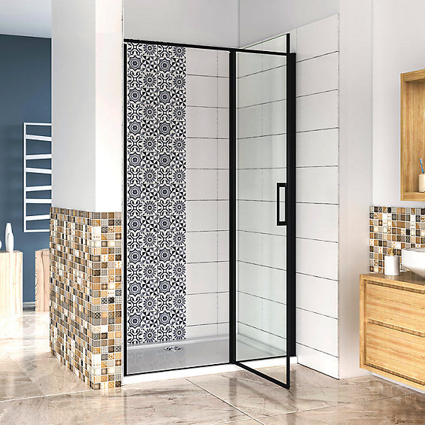 Aica porte de douche pivotante 140x185cm noir mat en 6mm verre anticalcaire installation en niche