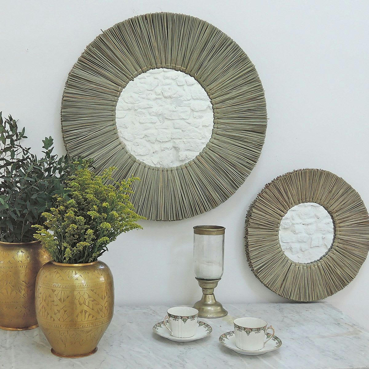 - Miroir rond en paille de mendong -40.000x3.500 cm - Beige - Fibres