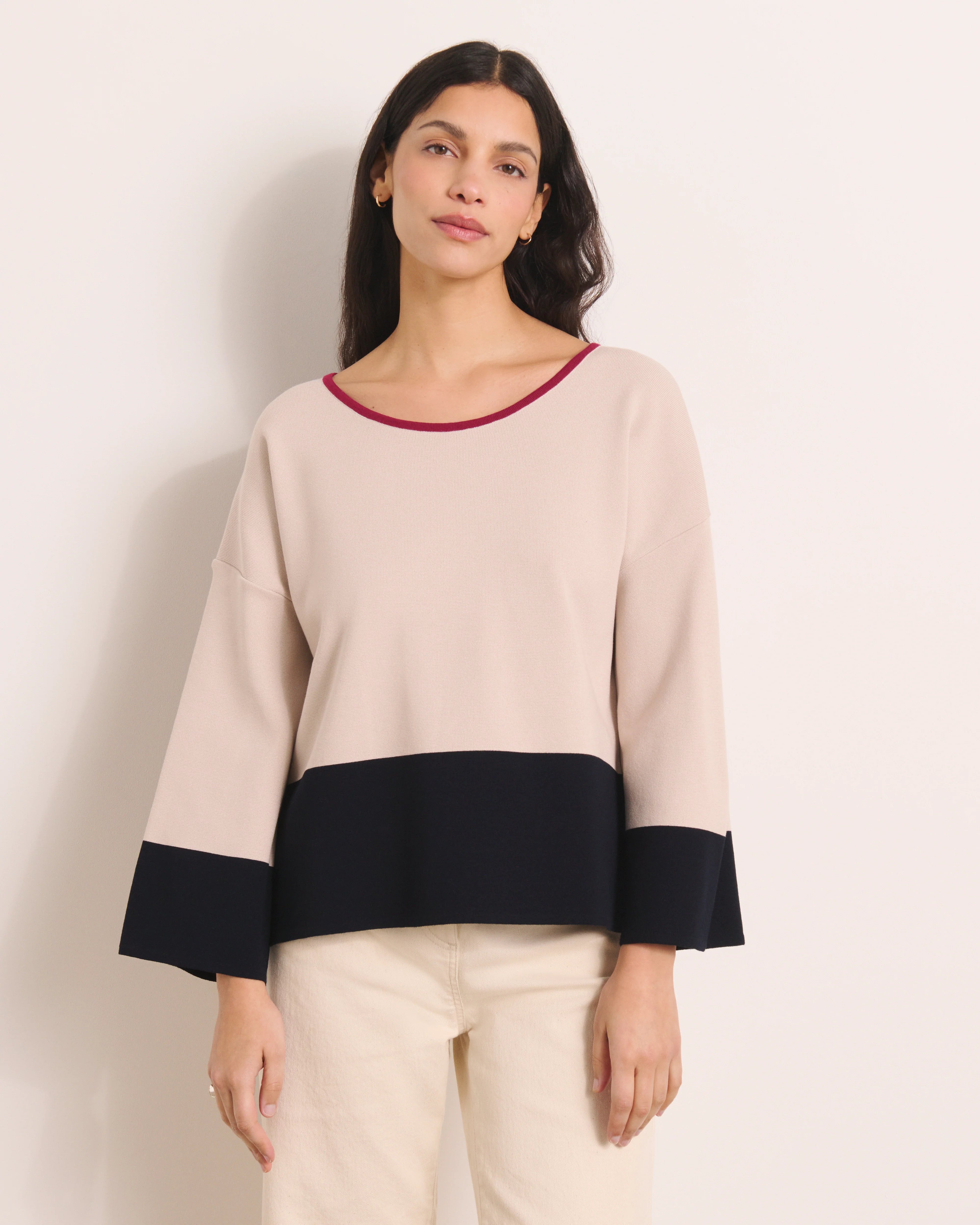 Pull boite beige en maille colorblock ABELINA/13251/781