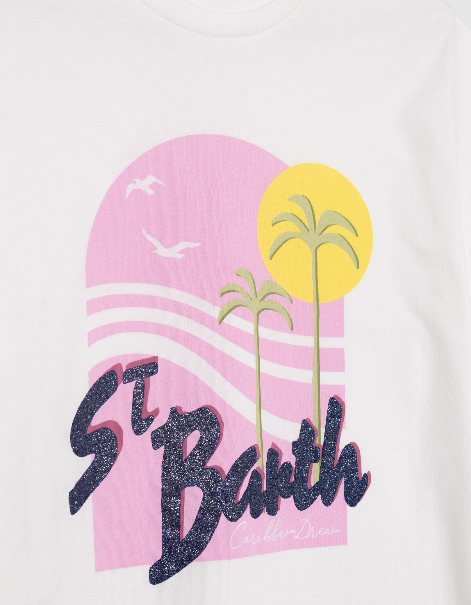 Tee-shirt blanc coton bio visuel palmiers et soleil Femme