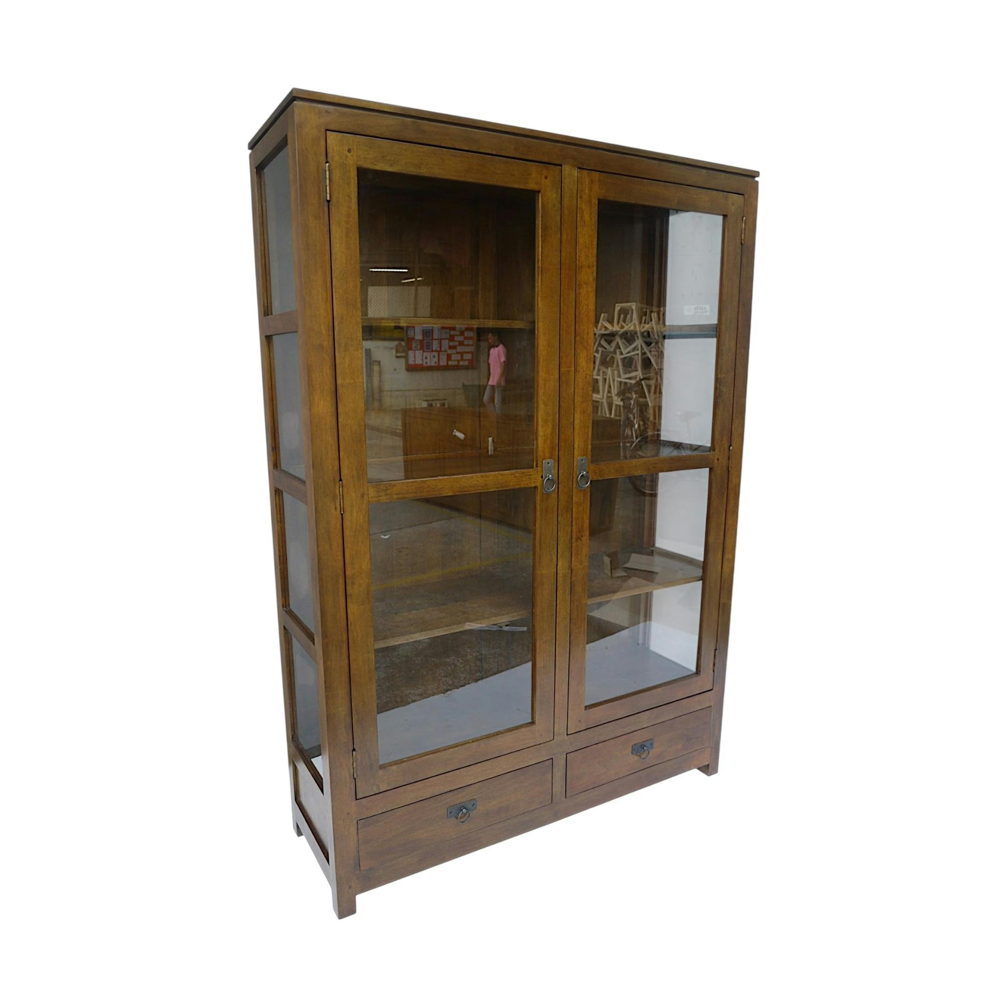 Bibliothèque vitrée Hévéa 2 portes, 2 tiroirs, 120x38x170cm HELENA