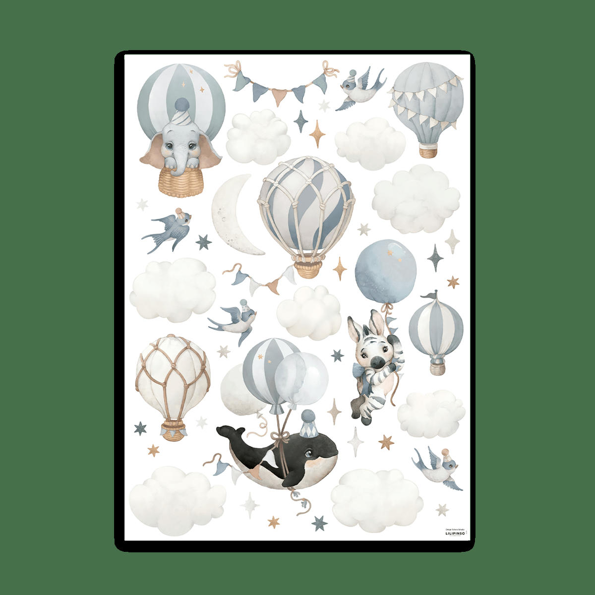 SELENE - Stickers muraux animaux et ballons en vinyle mat bleu
