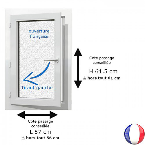 Fenêtre PVC blanc 1 vantail hors tout H 61 x L 56 cm ouverture française verre brouillé pour pose rénovation - tirant gauche