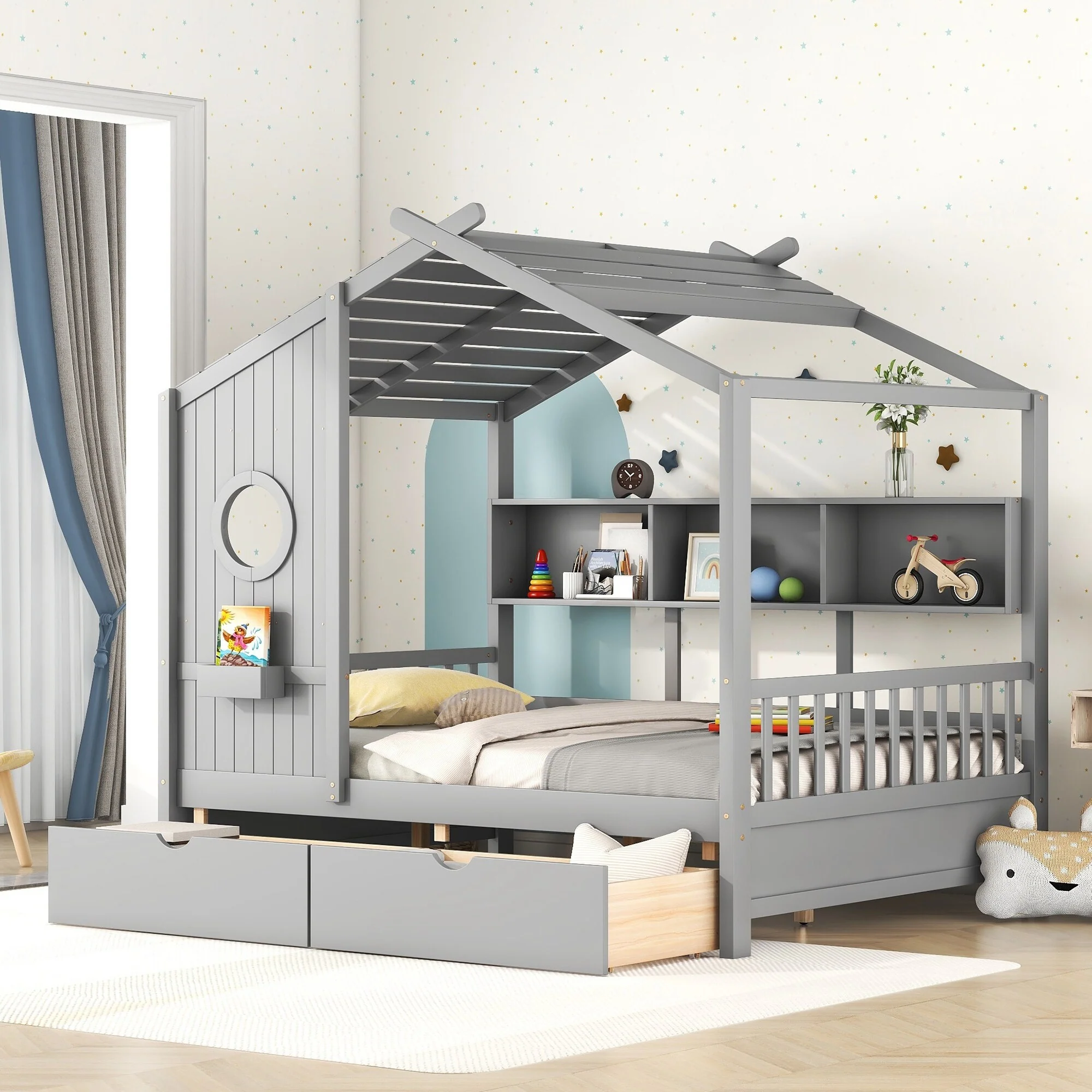 Wooden Kids House Bed with 2 Drawers and Storage Shelf