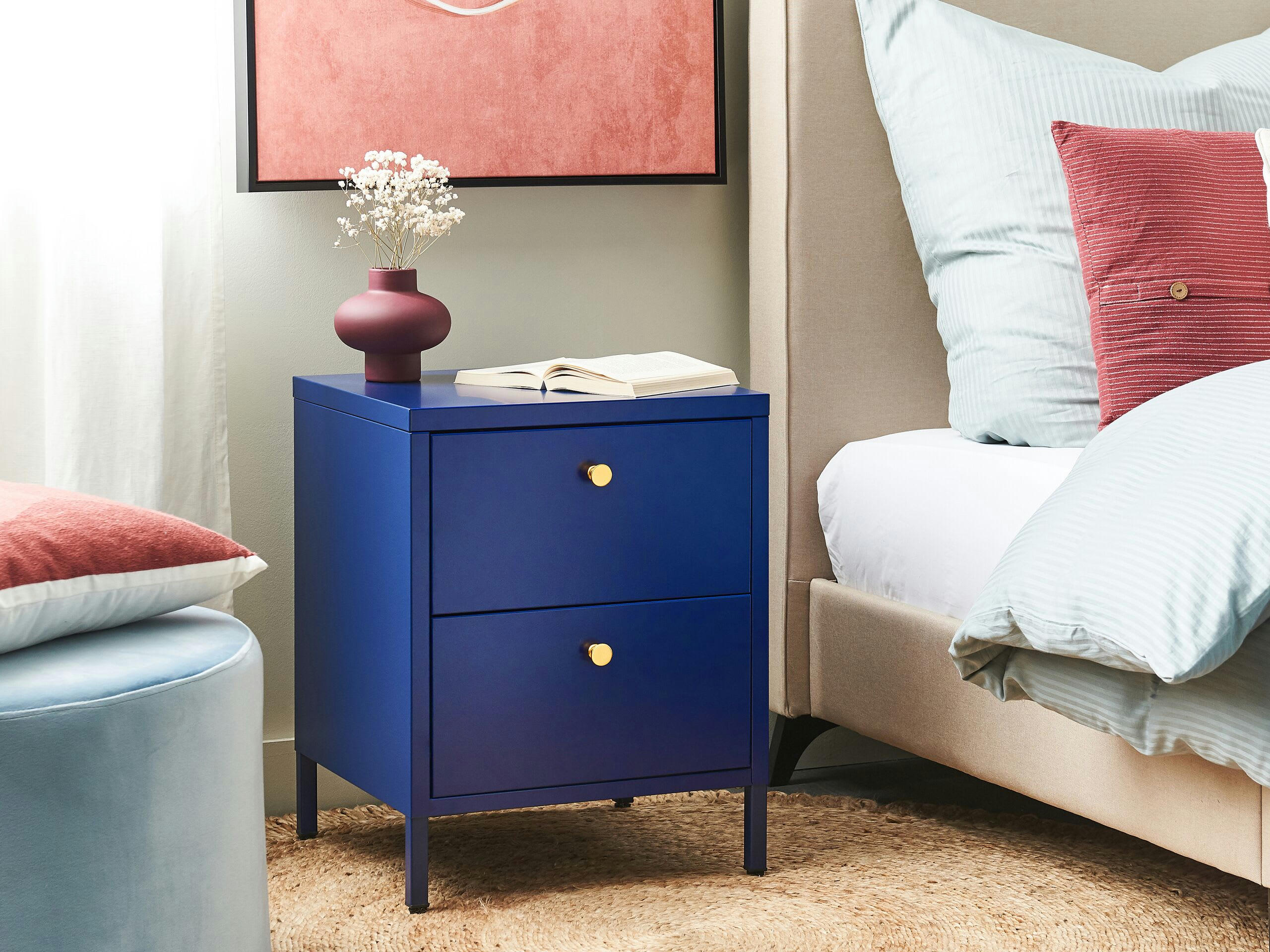KYLEA - Table de chevet avec 2 tiroirs en métal bleu marine