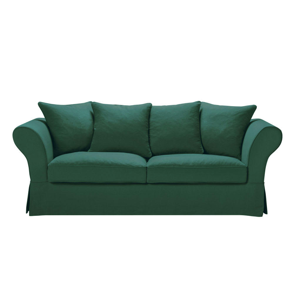 Roma - Housse de canapé fixe et convertible 3/4 places (matelas 6 cm) en lin froissé vert