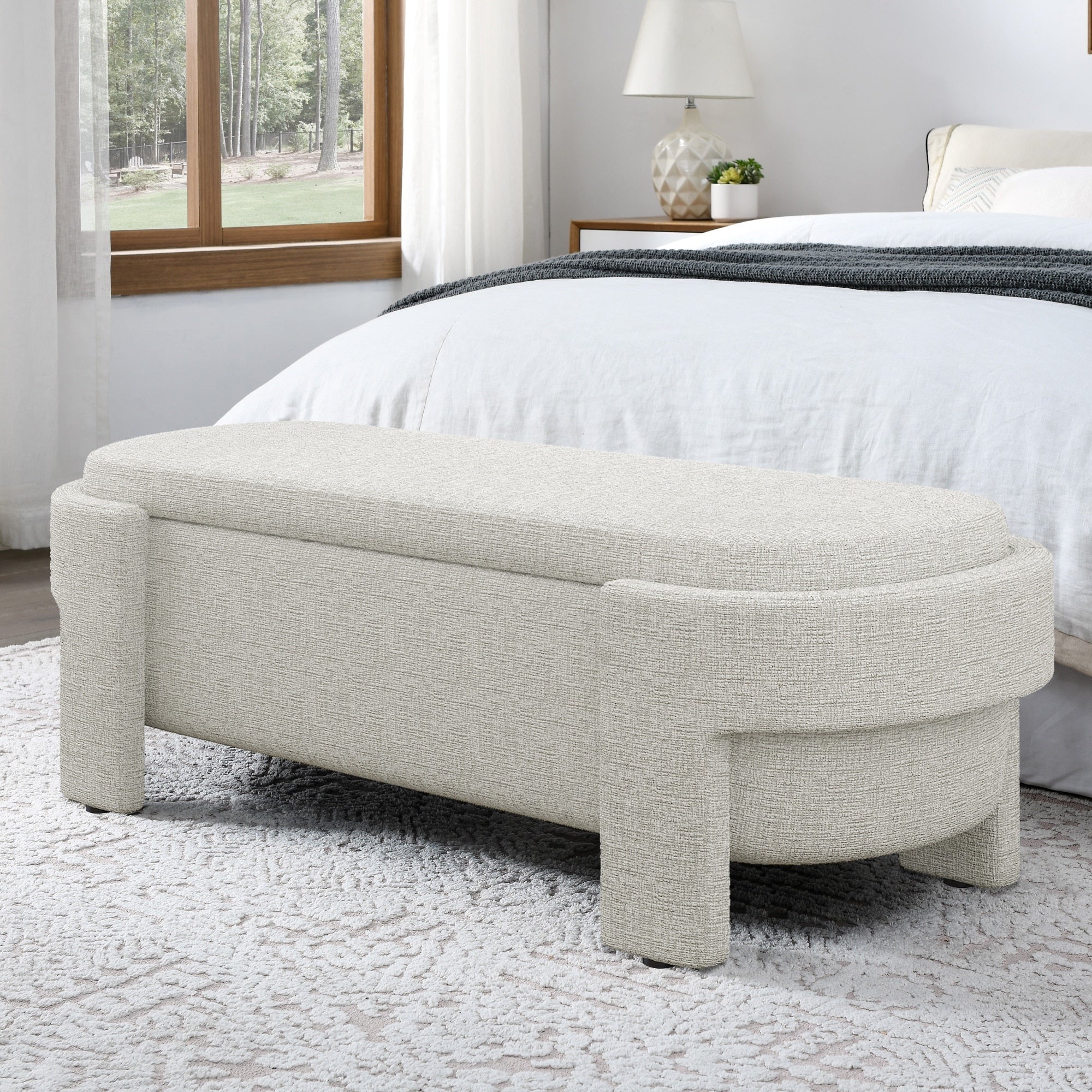 Linen Fabric Upholstered Bench with Large Storage Space