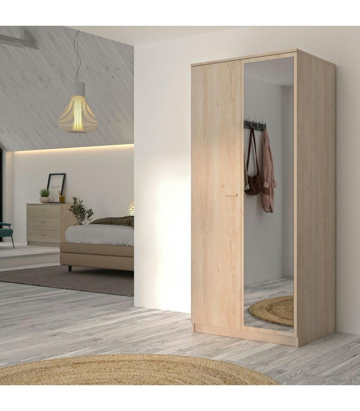 TULLE - Armoire 2 portes 1 miroir effet bois H200 x L91cm