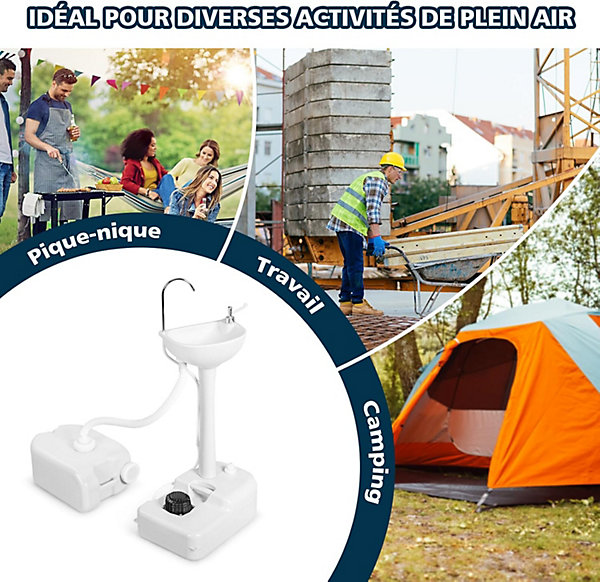Lavabo de Camping avec Roues Station Lavage Portable avec Robinet Distributeur Savon Pompe à Pied