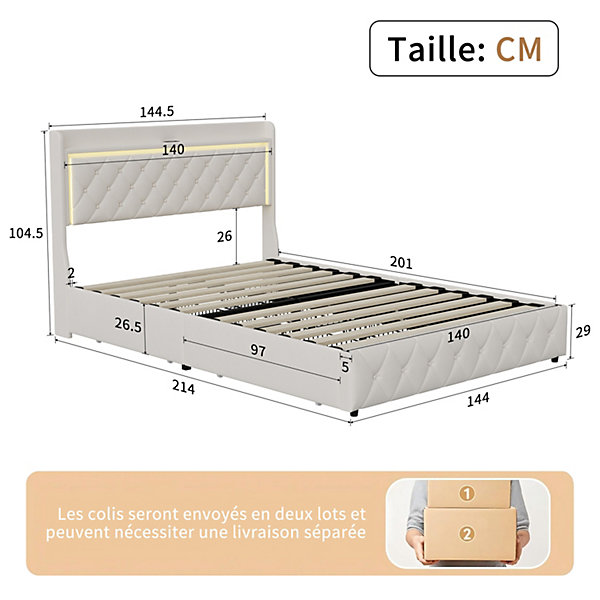 Lit double 140x200 cm, rangement, tête de lit étagères, LED, USB Type-C, Velours, Beige