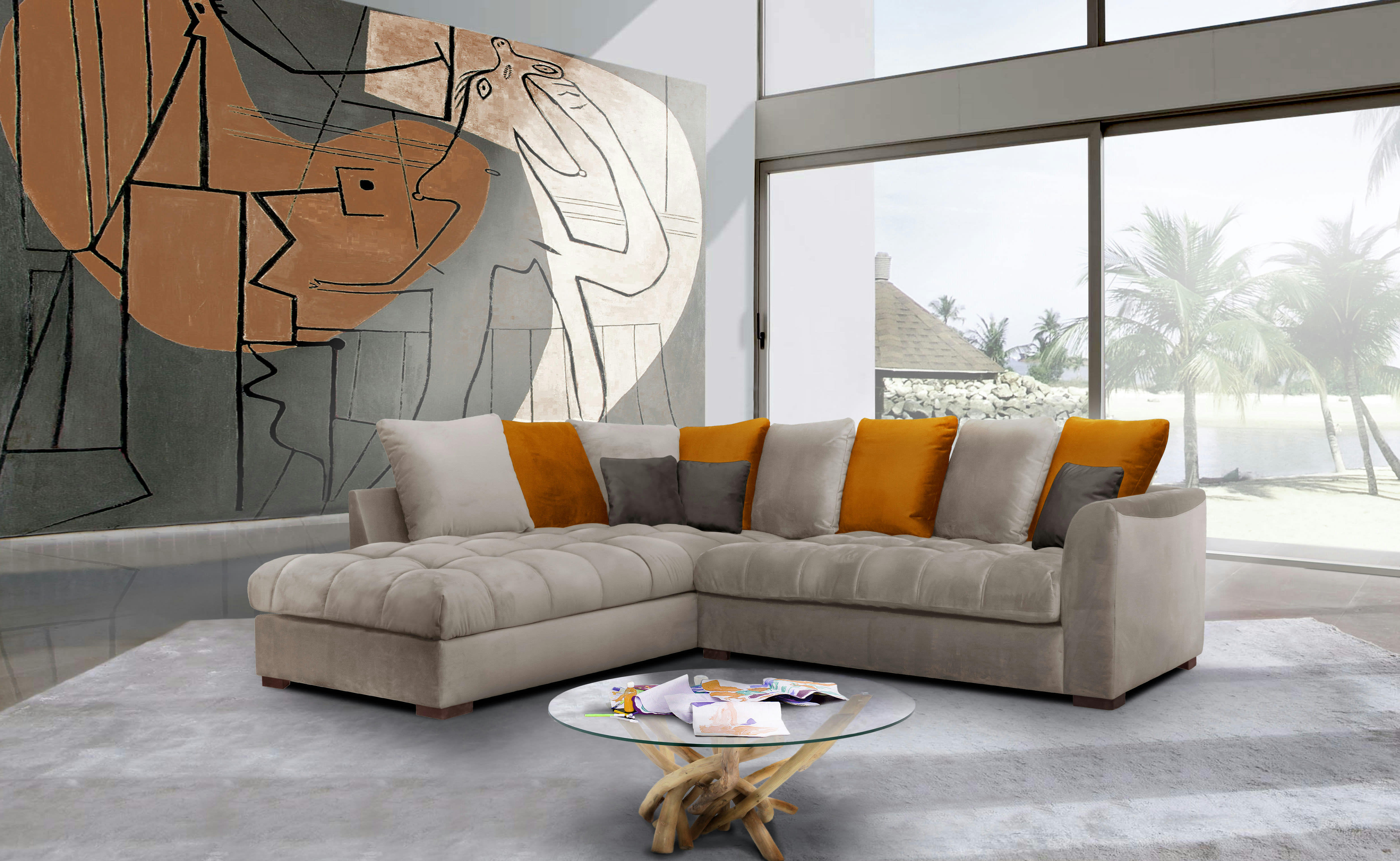 BARDI - Canapé d'angle gauche 5 places tissu taupe