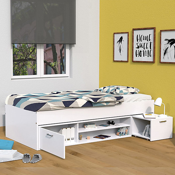 Lit TESS 90x190   chevet   étagère   rangement / Blanc