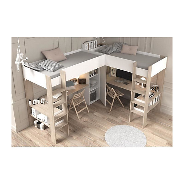 Double lit mezzanine d'angle 2 x 90 x 200 cm - Avec rangements et bureaux - Blanc et naturel - LASCANO