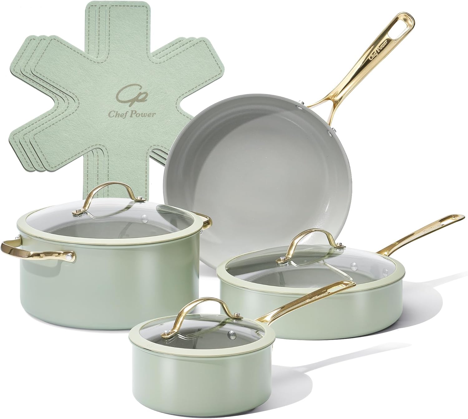 Chef Power Ceramic Cookware Sets, 10Pcs Pots and Pans Set Non Stick, Cookware Set with Stainless Steel Handle, Dishwasher & Oven Safe, Sage Green and Granite Grey