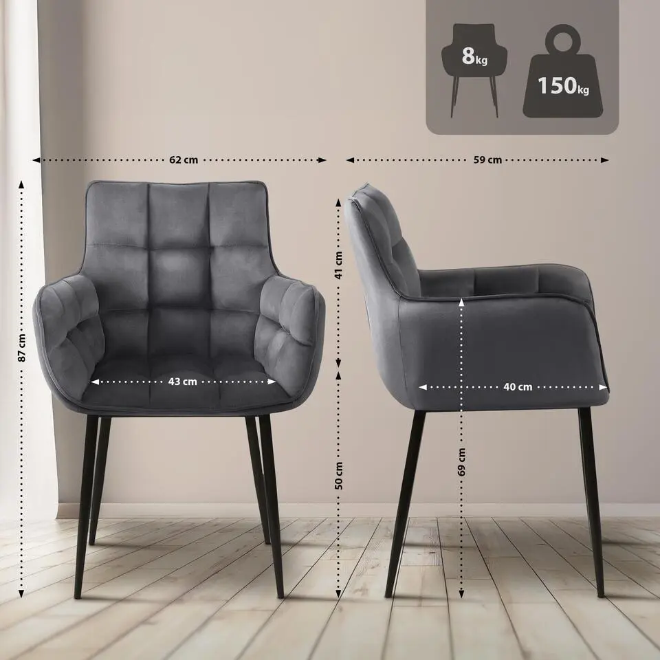 CLP Set van 2 Eetkamerstoel Tirana zwart Frame - Fluweel - donkergrijs