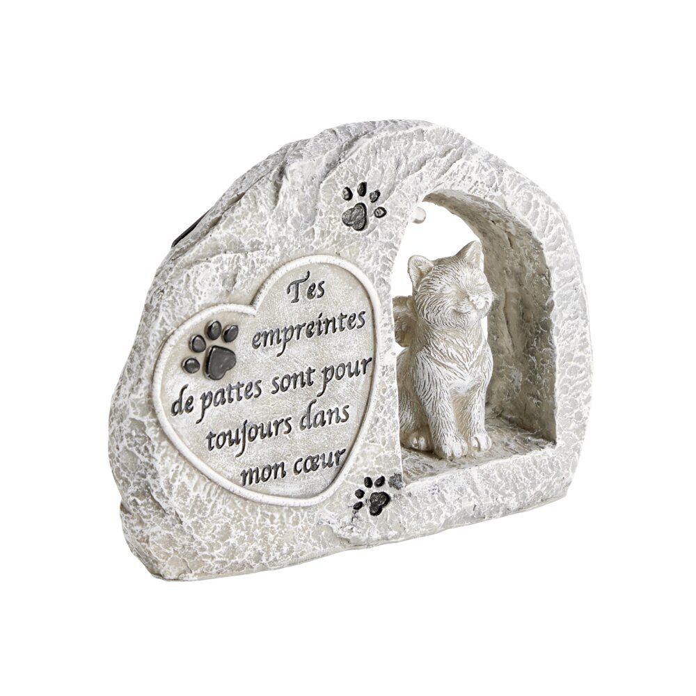 Plaque funéraire solaire LED avec chat polyrésine gris 15x5xH11,5cm